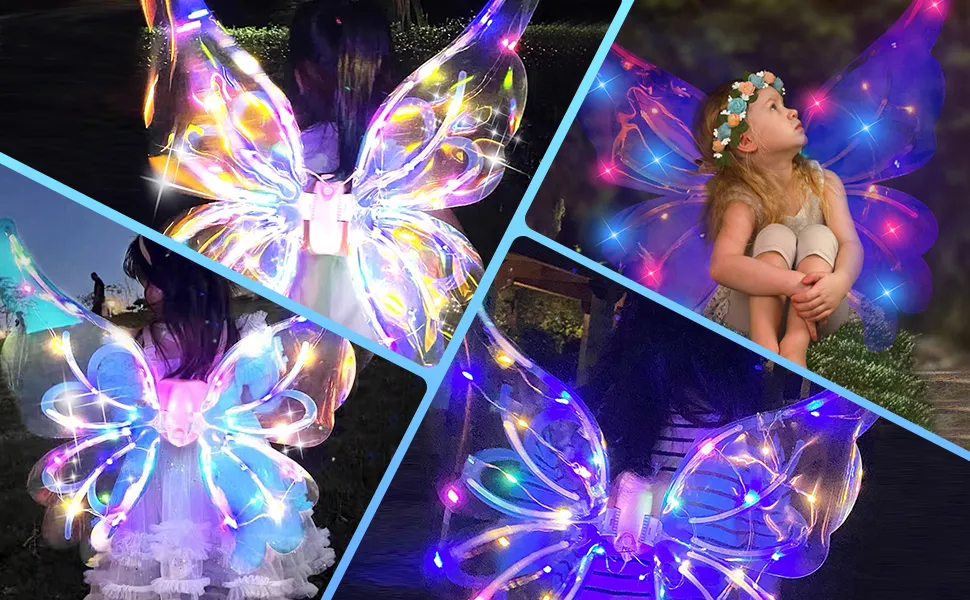 Ailes De Papillon LED Musicales - Lumière Clignotante, Musique, Dimensions 36x36.5 Cm, Piles AA, Pour Déguisement Et Fêtes