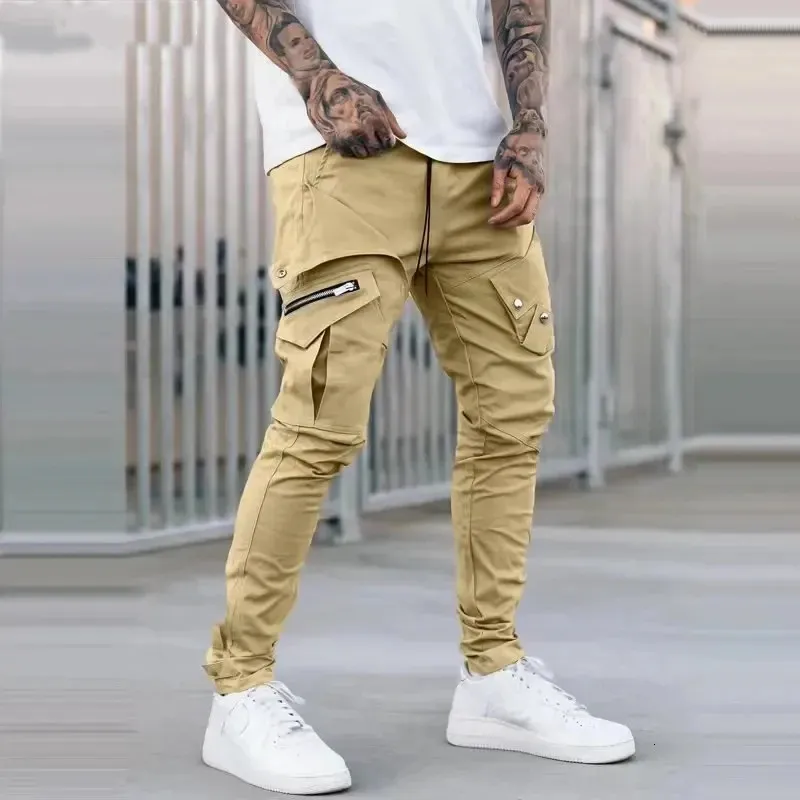 Männer der Seite Tasche Cargo Hosen Zipper Schwarz Grau Khaki Hip Hop Casual Männlichen Jogger Hosen Mode Streetwear Pantalones Hombre 240111