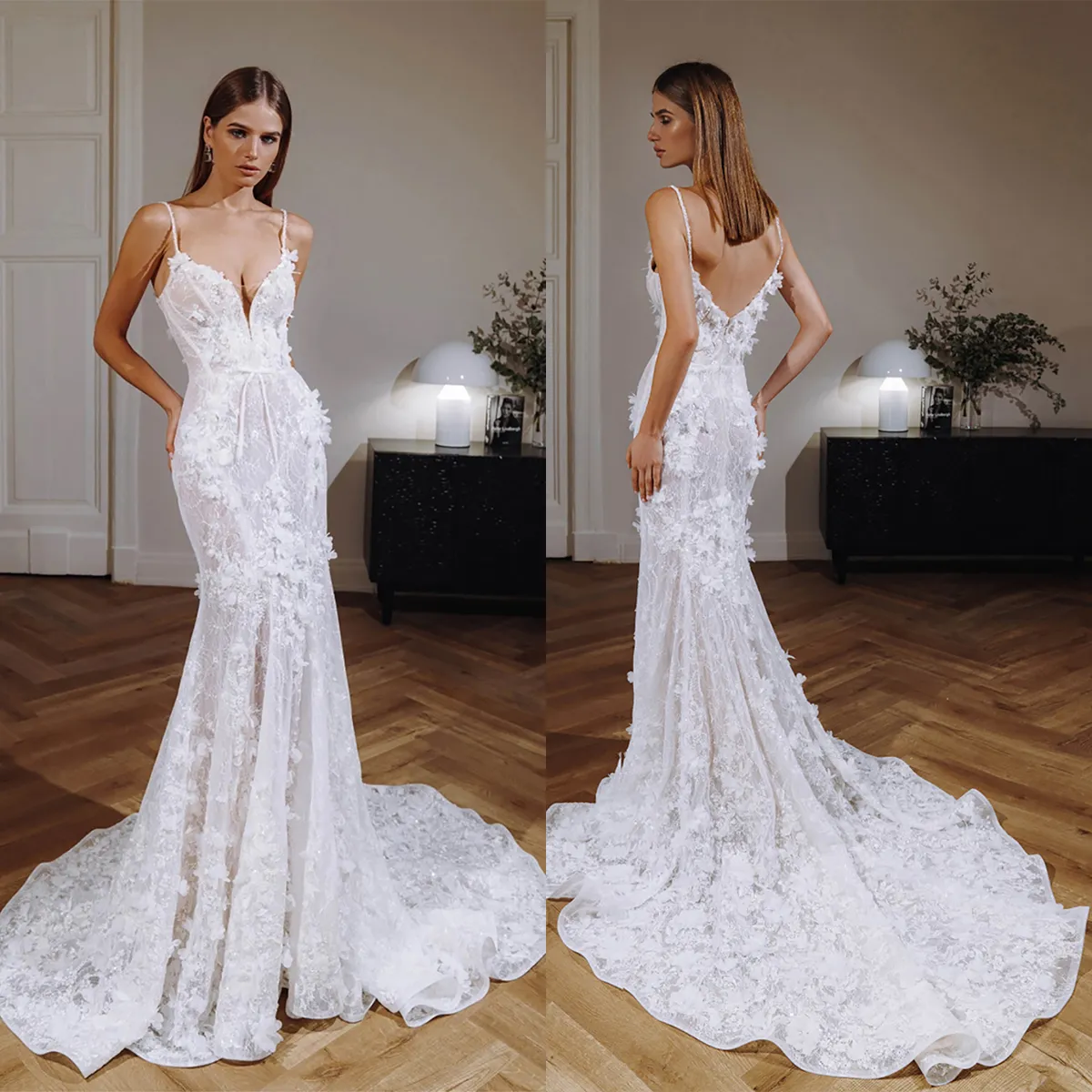 Classic Lace Mermaid Wedding Dresses Spaghetti Straps Bridal Gowns 3D-Floral Appliques Sleeveless Bride Dresses Custom Made