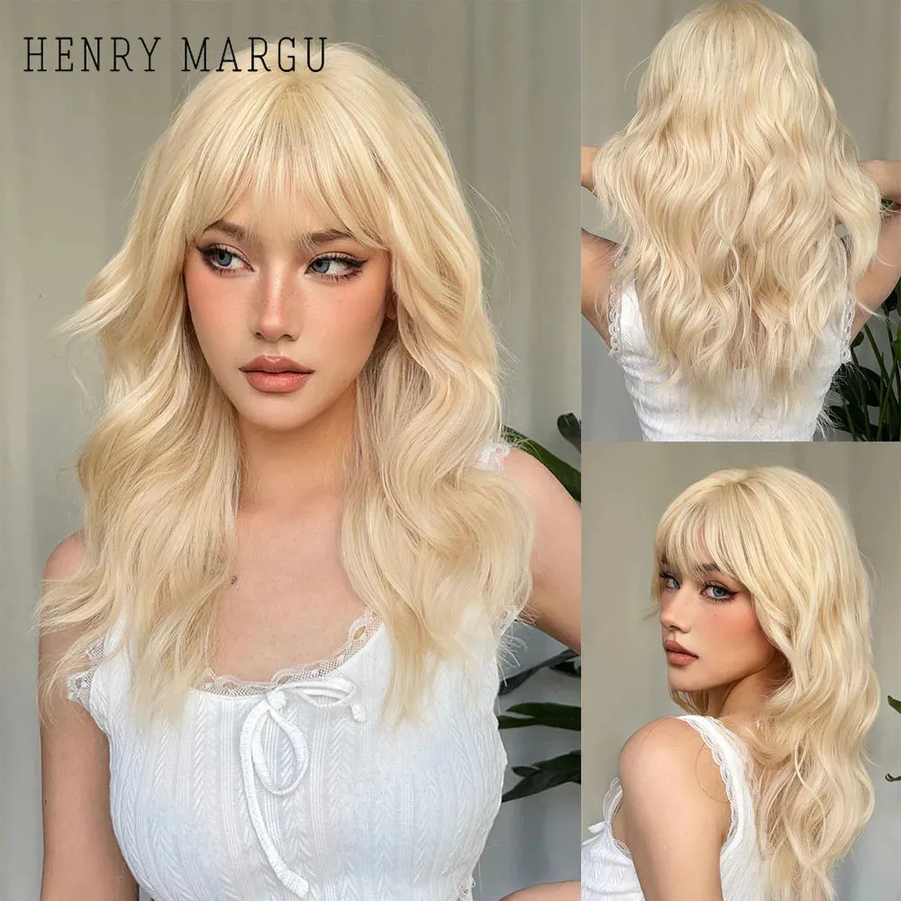 HENRY MARGU Pelucas sintéticas rubias onduladas largas para mujeres Pelucas de cabello natural de uso diario de platino con flequillo Pelucas de cosplay resistentes al calor 240111