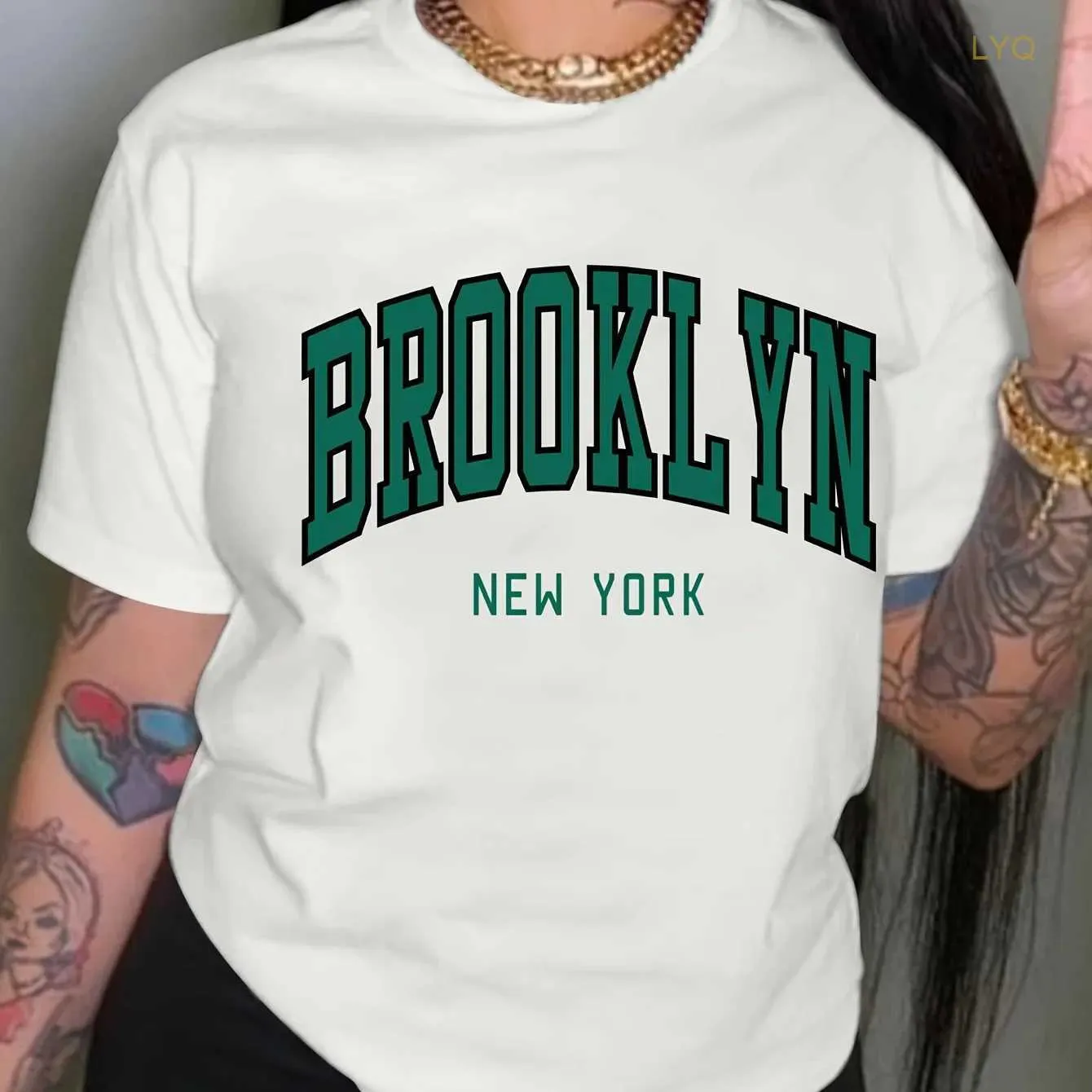 Brooklyn Letter Print Crew Neck Women T-shirt Casual Short Sleeve Drop Shoulder Top Tees Women's Clothing