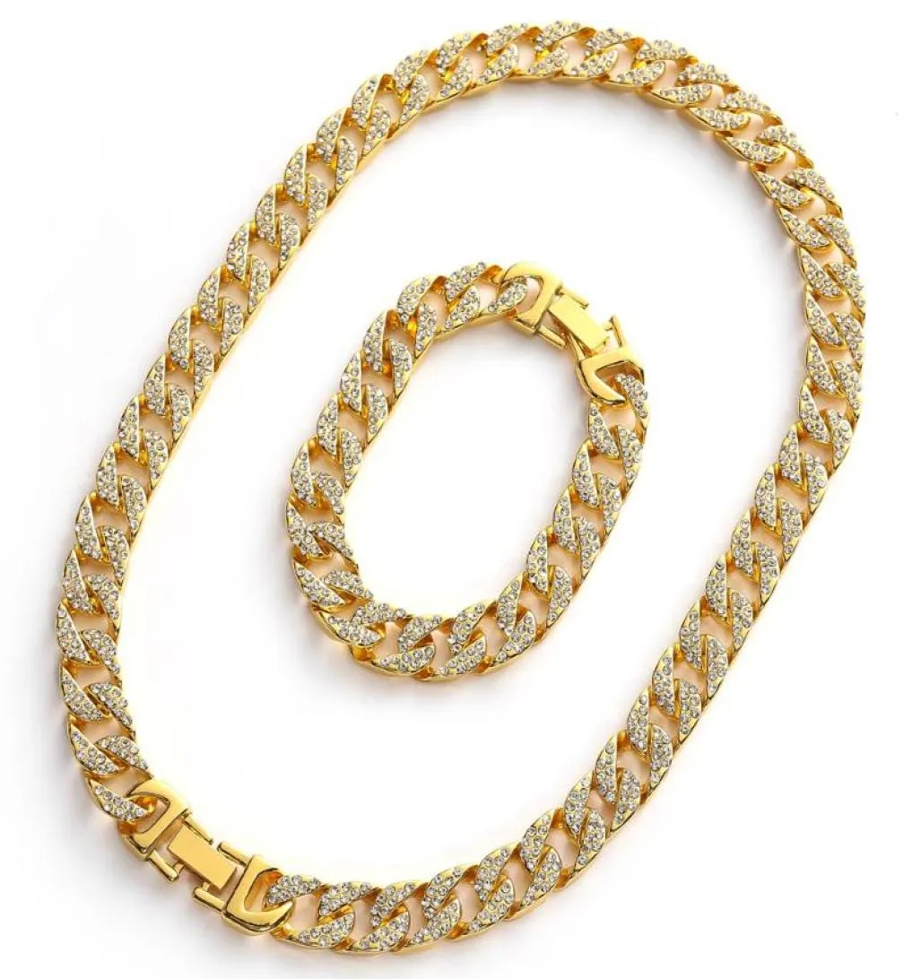 Ohrringe Halskette Hip Hop Männer Gold Farbe Halsketten und Braclete Combo Set Out Cuban Jewerly Kristall Miami Kette For7118226