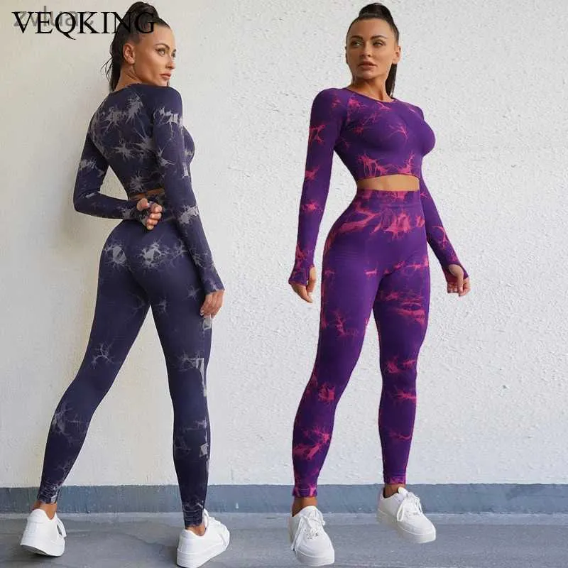 Yoga Outfit Veqking Tie-Dye Roupas Mulheres Manga Longa Crop Top Calças de Cintura Alta Roupas Esportivas Quick Dry Fitness Gym Roupas YQ240115