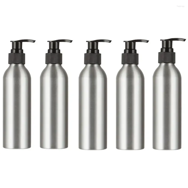 Lagringsflaskor 5st 100/120/150 ml tom pump aluminium påfyllningsbar tvåldispenser schampobehållare med lås för handrensningskräm