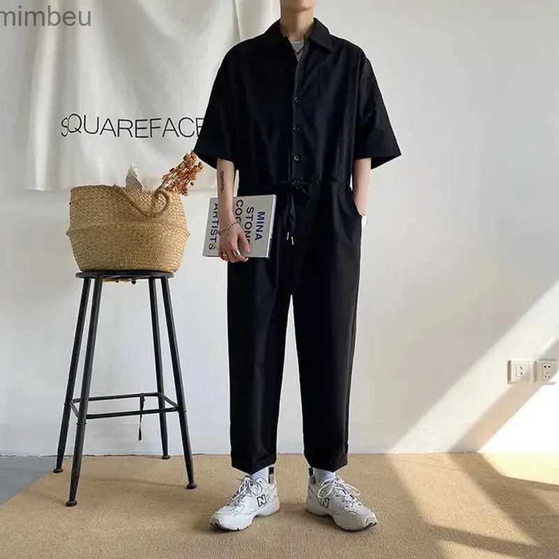 Men's Jeans Men's Overalls Jumpsuits Summer Fashion Casual Nine Point Cargo Pants Japanese Retro Male Clothes Couple Loose Solid Color SuitL240111