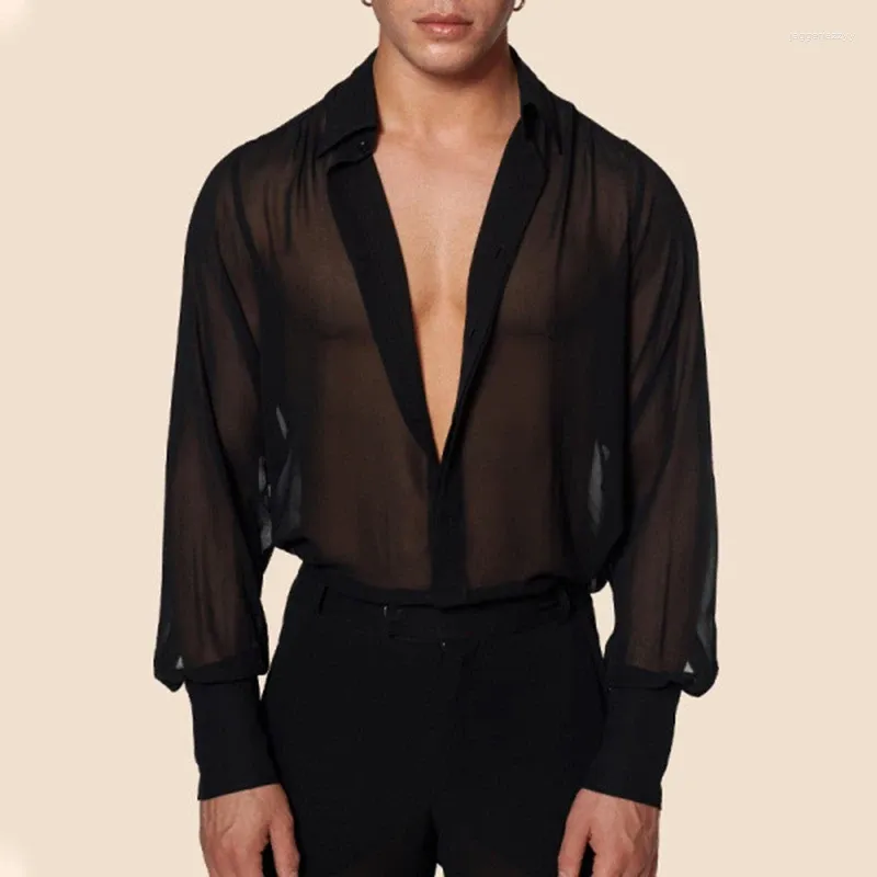 Мужские повседневные рубашки, модная мужская уличная одежда, сексуальная рубашка с глубоким v-образным вырезом, прозрачная сетчатая рубашка для мужчин, летние топы с рукавами-фонариками, одежда 2024 г.