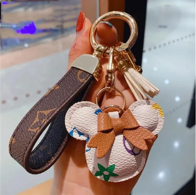 Fashion Bunny Design Key Chains Ring Pompom Ball Rabbit Bag Pendant Charm Keyring Buckle Gift Jewelry Accessories Pu Leather Brown Flower