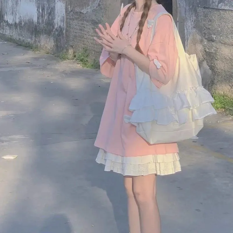 Abiti da lavoro Abito estivo giapponese con gonna da donna T-shirt da ragazza rosa allentata per studentessa carina Due pezzi