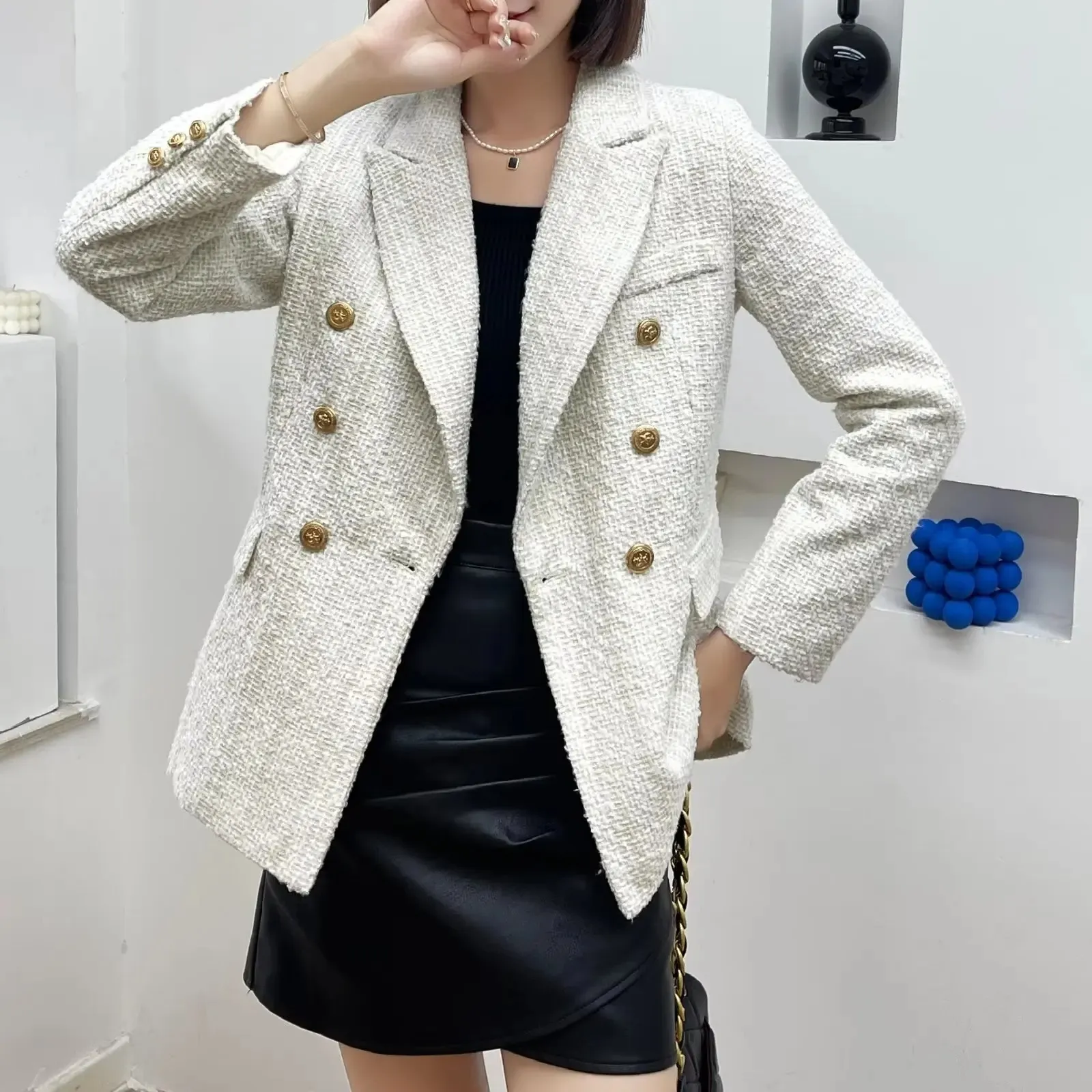 Femmes mode Double boutonnage Tweed carreaux Blazer manteau Vintage manches longues poches vêtements de dessus pour femmes Chic 240112