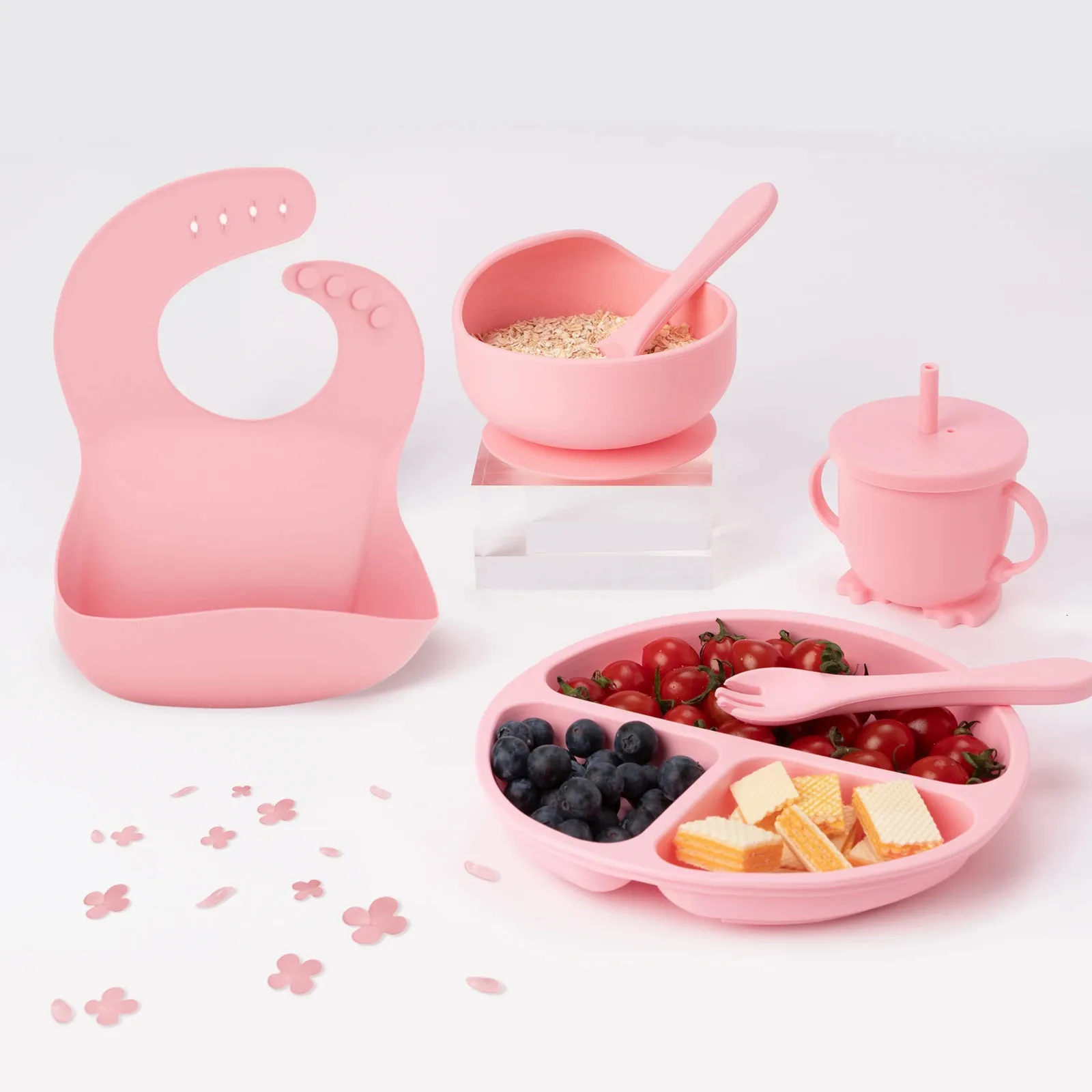 Kindergeschirr-Set, Baby-Silikon, 6-teilig, Geschirr, Saugnäpfe, Gabeln, Löffel, Lätzchen, Strohhalme, Mutter und Zubehör 240111