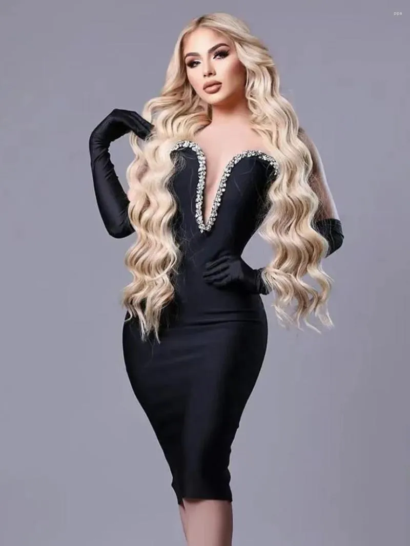 Vestidos casuais primavera mulheres sexy preto sem mangas strapless profundo decote em v diamante 2024 bandagem joelho comprimento bodycon celebridade festa noite