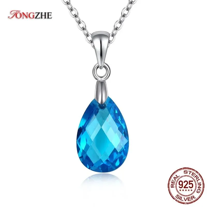 Ciondoli TONGZHE Collana in argento sterling puro 925 Goccia d'acqua Pendenti con ciondoli in cristallo blu trasparente Abbaglianti gioielli da donna all'ingrosso