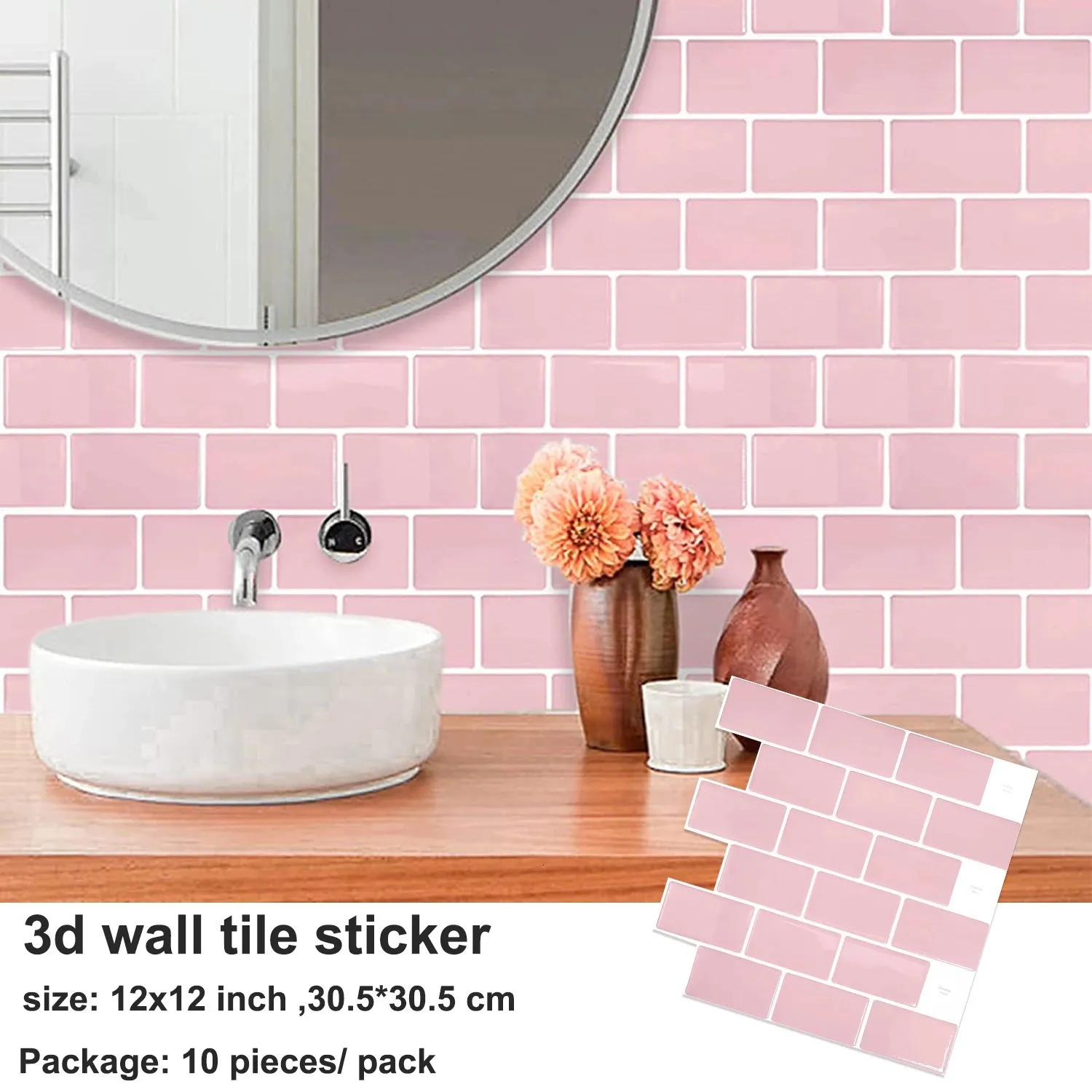 10 ark rosa väggklistermärken 3D tegel baterproof tapet badrum kök backsplash plattor för heminredning 240112