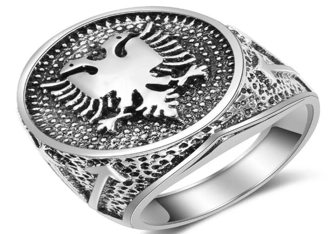 Högkvalitativ europeisk albansk flaggskylt Double Eagle Ring Men039S Ancient Silver Vintage Rings for Men Gift6593115