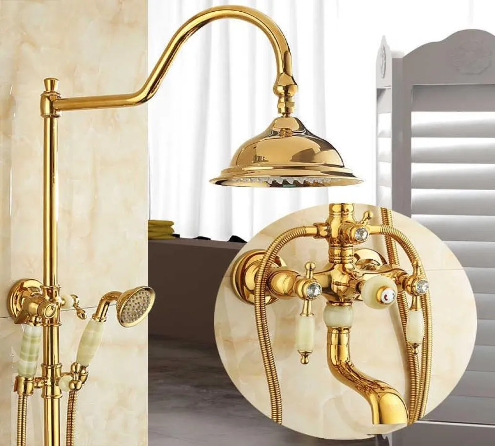 Tuqiu Bath and Shower Faucet Gold Brass Jade Set Wall Mounted Rainfall Hand Bathroom Sets9550268
