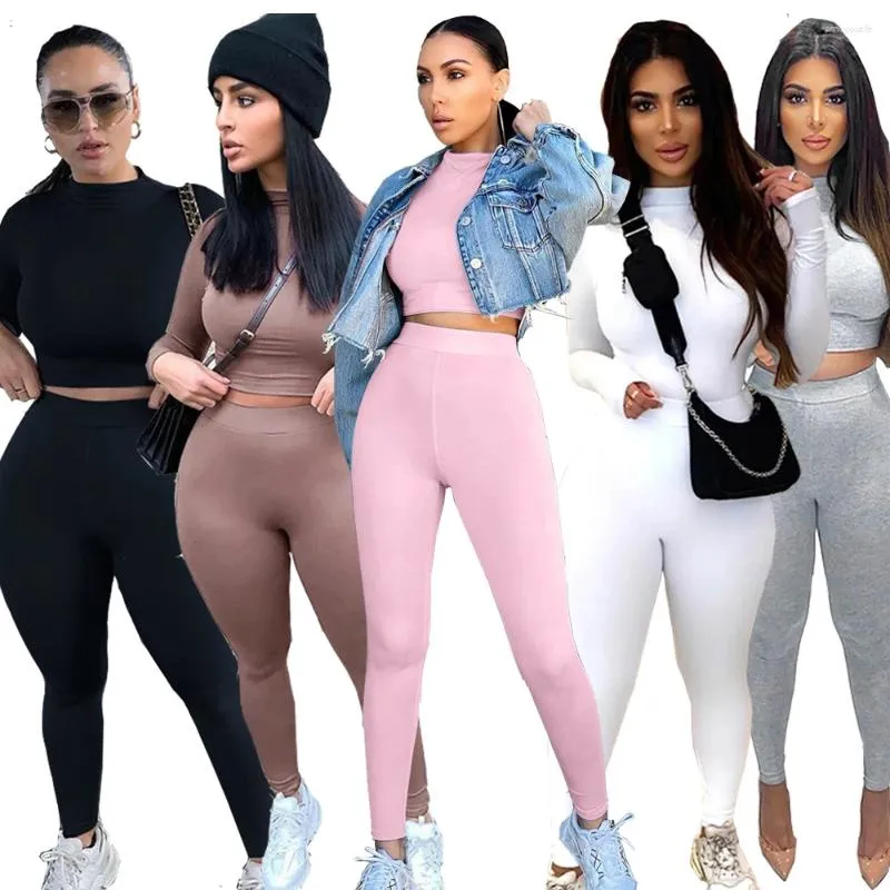 Women's Two Piece Pants Winter Women Sport Fitness 2 Set Outfits Long Sleeve Crop Tops Tshirt Leggings Bodycon Tracksuit XL