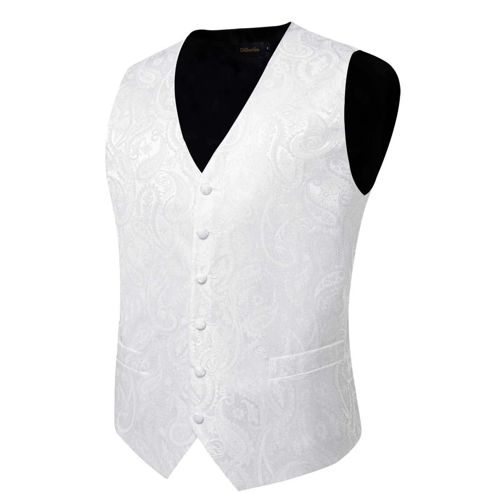Herrenwesten Reinweiße Hochzeitsweste für Männer Ärmellose V-Ausschnitt Satin Weste Krawatte Einstecktuch Manschettenclip 5 Stück_voghion.com