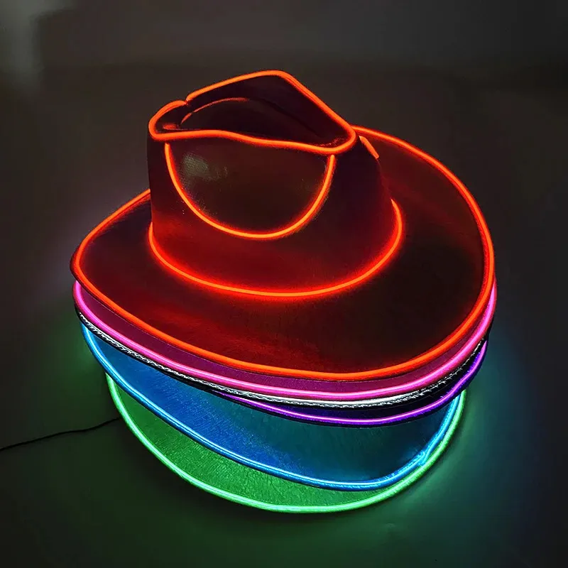 Western LED Cowboy Hut Cowgirl Hut Retro LED Licht Krempe Jazz Zylinder Hut Leuchtende Braut Hut Cosplay Kostüm Cowboy Anzug für Frauen Männer 240111