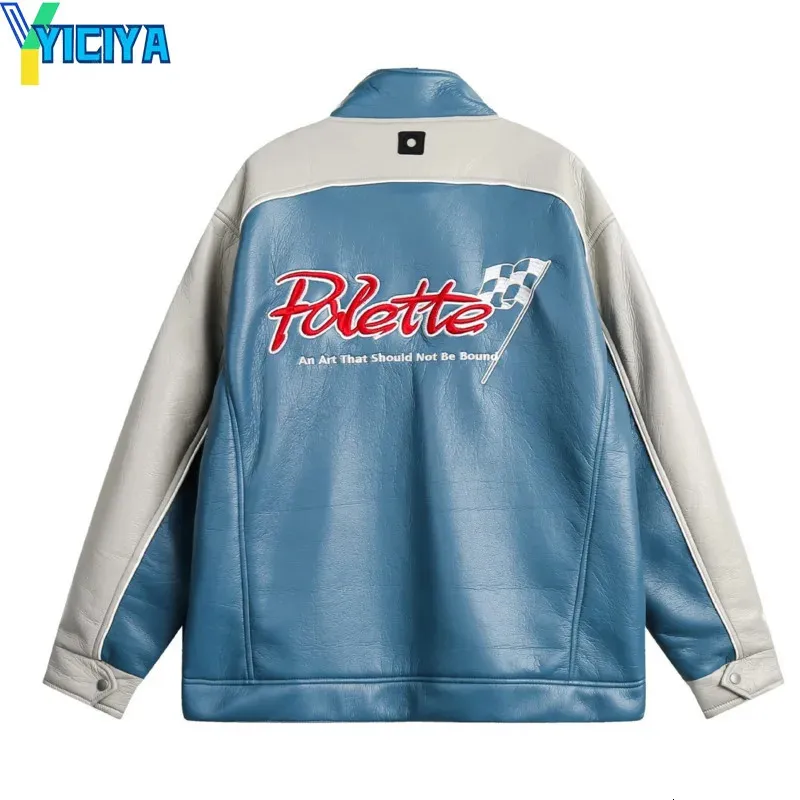 YICIYA leather jacket racing Embroidery blue women coat bomber Korean fashion winter Jackets outfits vintage clothing 240111