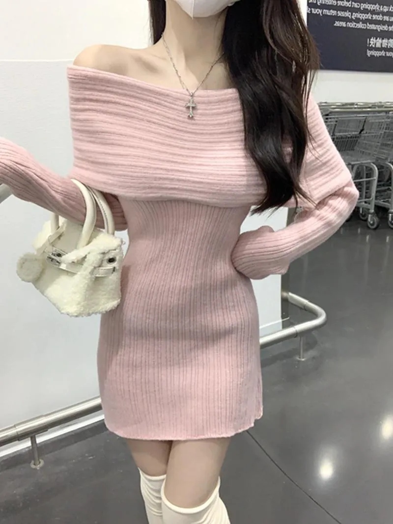 Casual jurken Dames truijurk Off-shoulder gebreid Mini Bodycon Lange mouw Gebreid Effen Kleur Trui Cocktailparty Roze