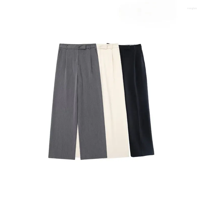 Pantaloni da donna Moda donna con tasche frontali a freccette Pantaloni da donna vintage con cerniera a vita alta a gamba larga