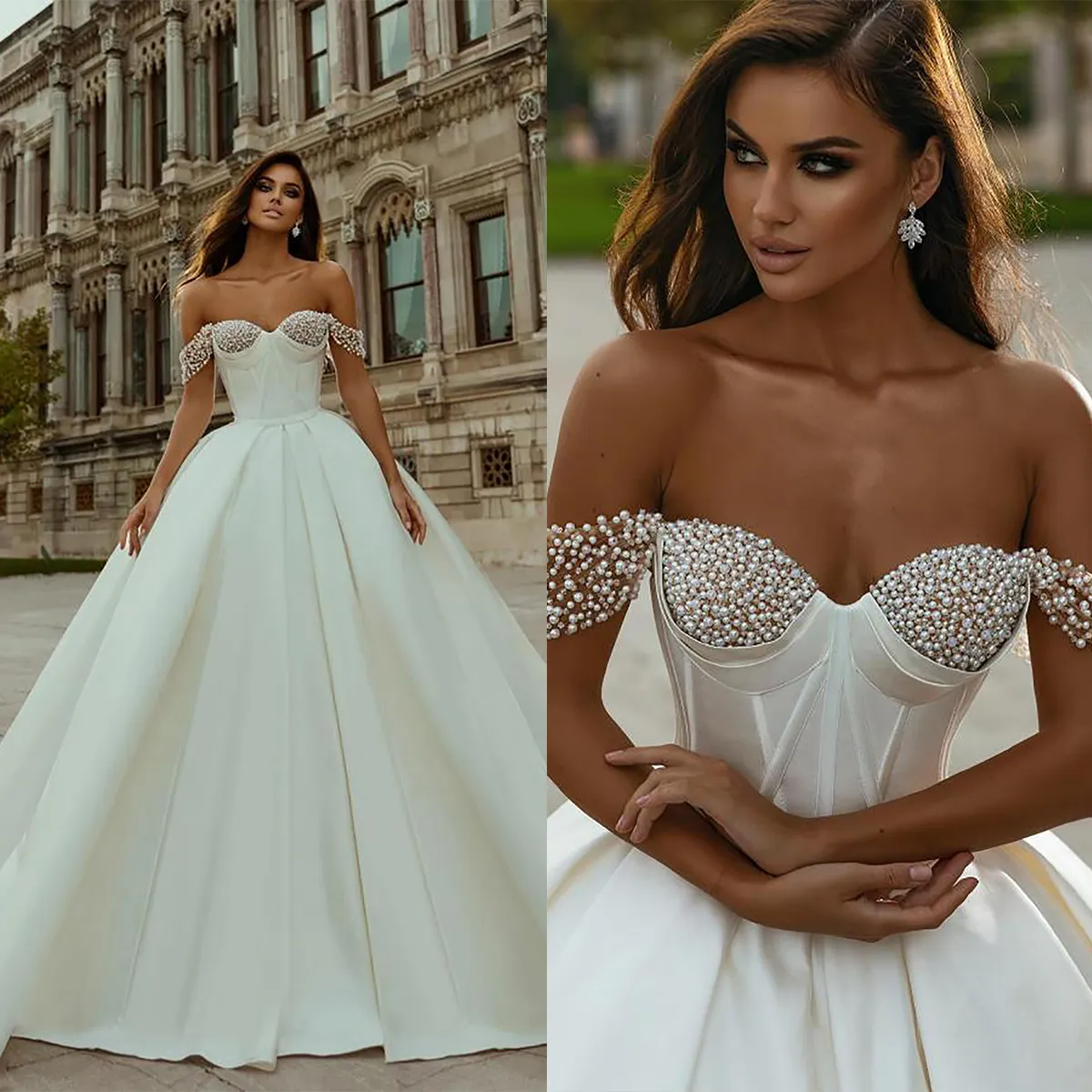 Fantasia princesa vestidos de casamento fora do ombro vestidos de baile nupcial pérolas frisado manga curta vestidos de noiva feitos sob encomenda