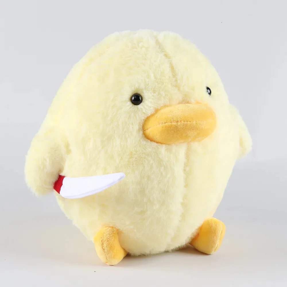 Bonito dos desenhos animados brinquedo pato com faca de pelúcia engraçado arrogante kawaii pequeno pato amarelo boneca macia boneca casa travesseiro presente para crianças 240111