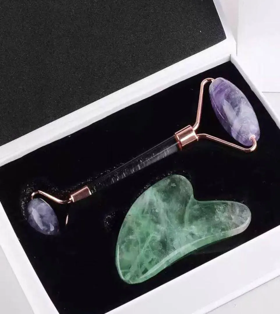 Jade Face Roller och Gua Sha Tool Present Set Natural Stone Purple eller Green Fluorite Facial Rollers Scraping Spa Acupuncture Eye Neck6956419