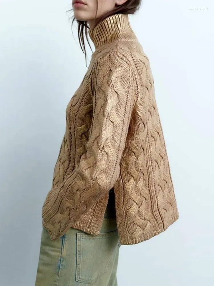 Maglioni da donna Moda donna maglione dolcevita oro metallizzato Pullover casual a maniche lunghe diviso in maglia 2024 Autunno Inverno Chic femminile