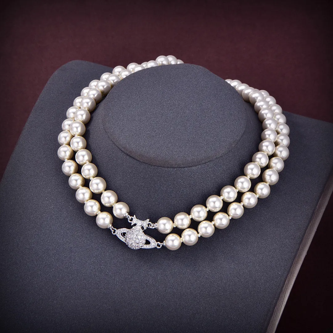 Saturn Designer Women Pearl Naszyjnik Viviane Choker Łańcuch wisiorek Crystal 18 -KLET GOTT STATED MOSSOWANY MIESZKA NECLACE WESTWOOD Akcesoria 7578