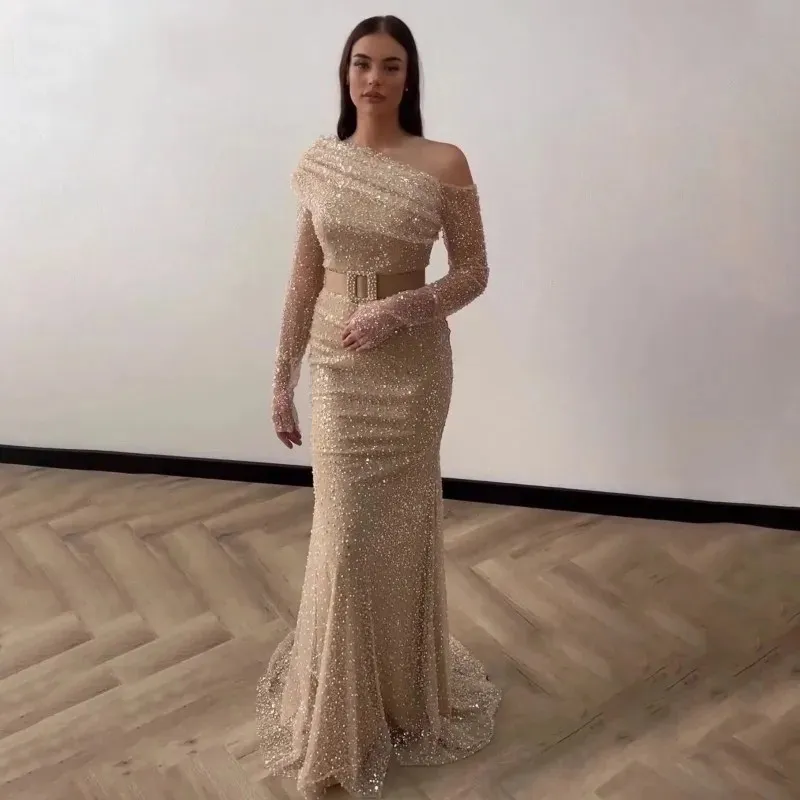 Luxur Champagne Evening Pageant Dress 2024 One Shoulder Sequins Beads Mermaid Prom Formal Party Gowns Robe de Soiree Vestidos de Feast