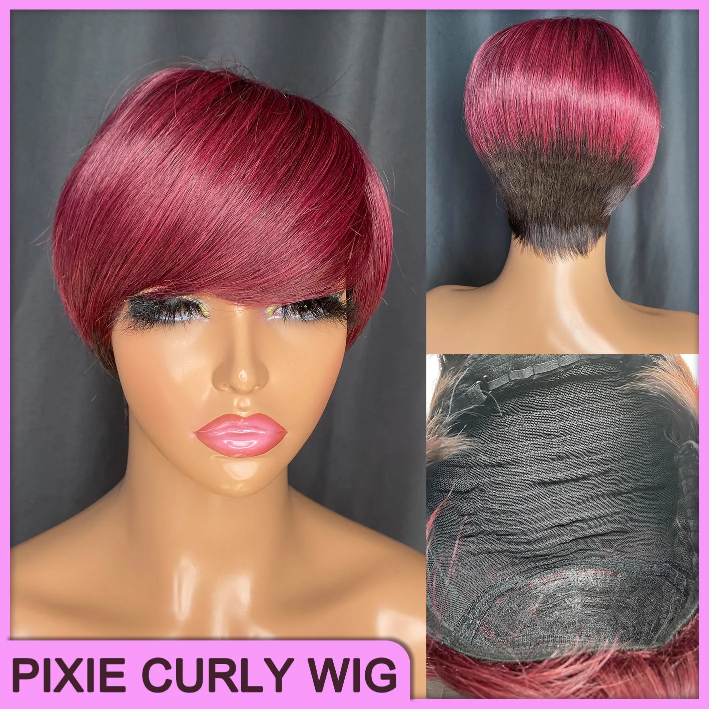 Malaysian Peruvian Indian Brazilian Wine Red 1b 100% Raw Virgin Remy Human Hair Pixie Cut Regular Short Bang Wig P47