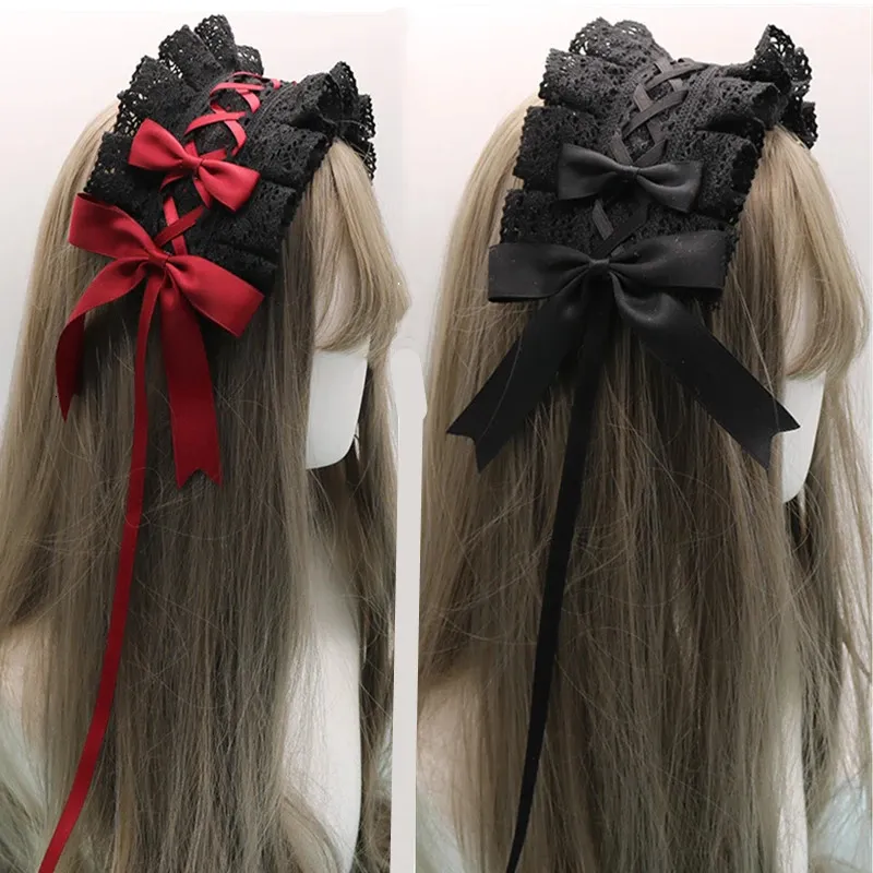 Готический бантик, милый обруч для волос, аниме, горничная, повязка на голову для косплея, Лолита, кружевной головной убор с цветком, аксессуар, капля 240111