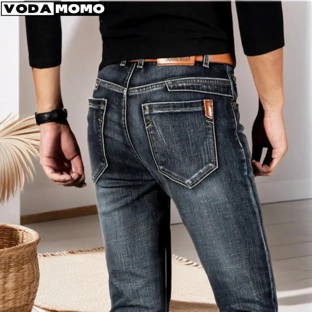 Calças de brim dos homens calças inteligentes elástico homem jeans negócios moda reta regular estiramento denim calças homens 2840 240112