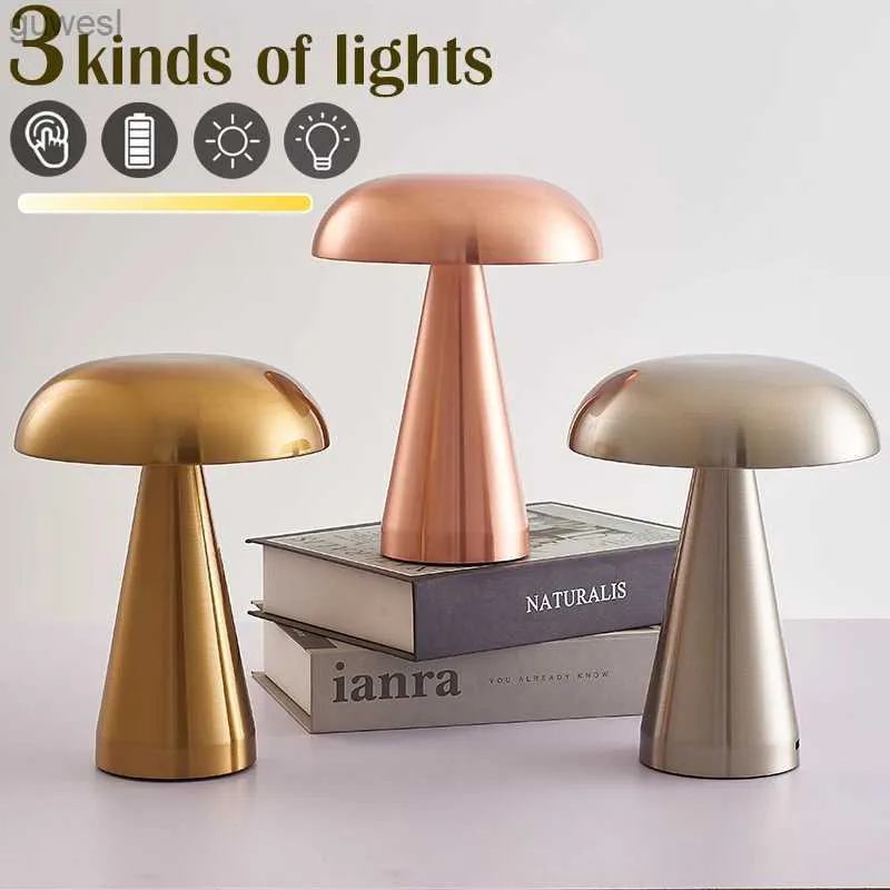 Night Lights Retro Mushroom Table Lamp Cordless Touch Dimming Desktop Night Lights Rechargeable Bedside Lamp Gold Table Lamp for Bar Decor YQ240112