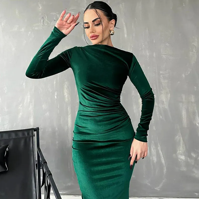 Elegant Evening Maxi Dress Women's Long Sleeve Bodycon Party Gown, Autumn  Winter Wedding Dress, Solid Color Formal Dress