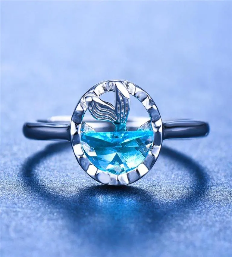Wedding Rings Cute Boho Female 925 Sterling Silver Adjustable Ring Blue Crystal Mermaid Finger Unique Style Engagement For Women6388263