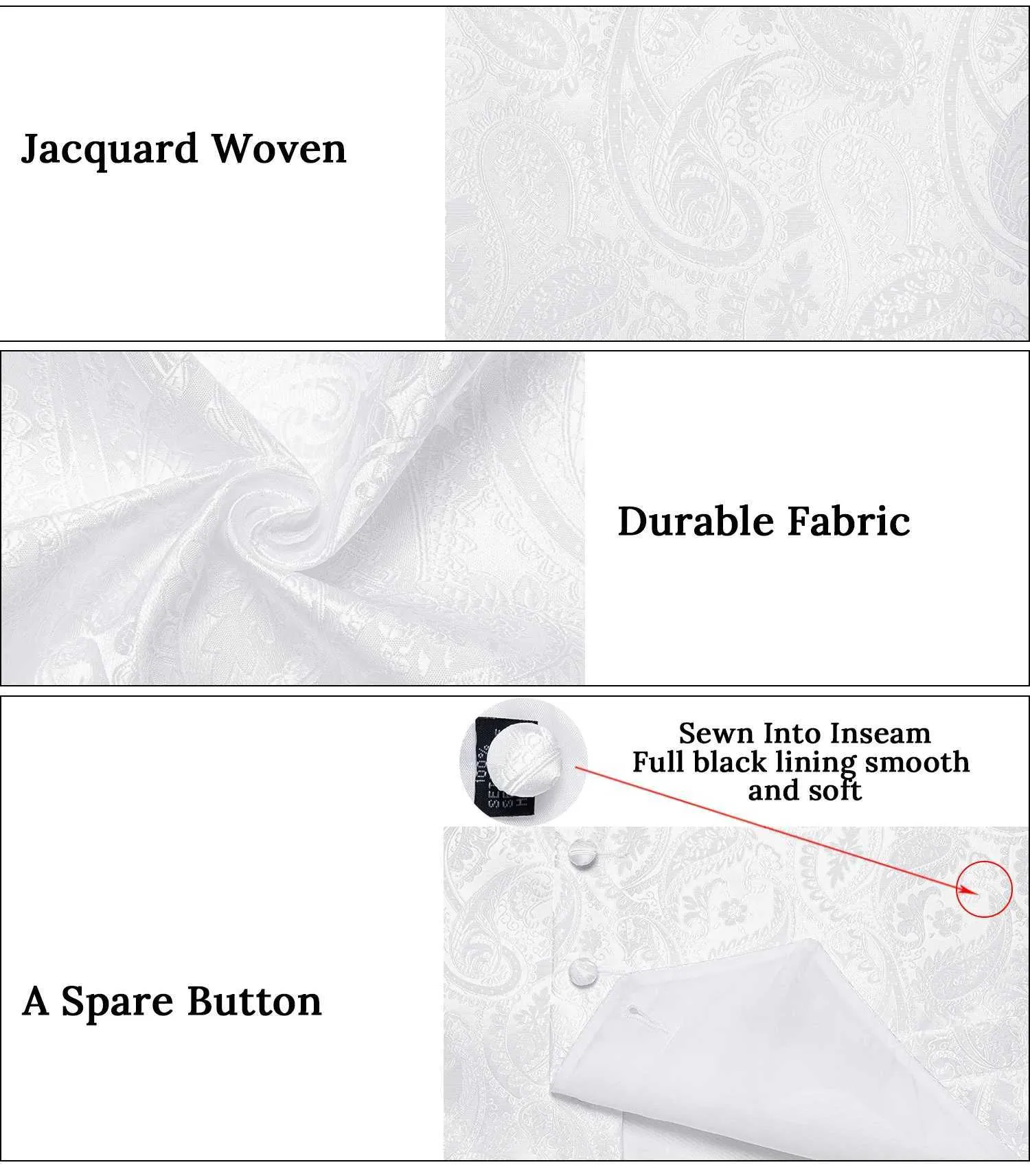 Herrenwesten Reinweiße Hochzeitsweste für Männer Ärmellose V-Ausschnitt Satin Weste Krawatte Einstecktuch Manschettenclip 5 Stück_voghion.com