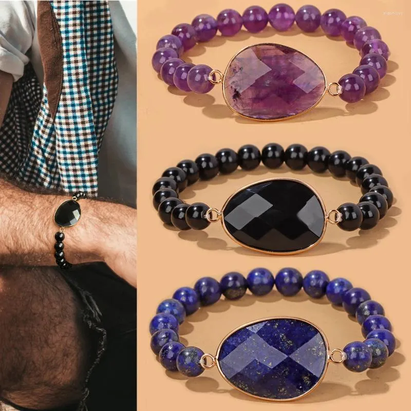 Bracelets de charme 8mm Bracelet de perles rondes naturelles Améthystes Obsidienne Lapis Lazuli Tranche plate Guérison Reiki Hommes Femmes