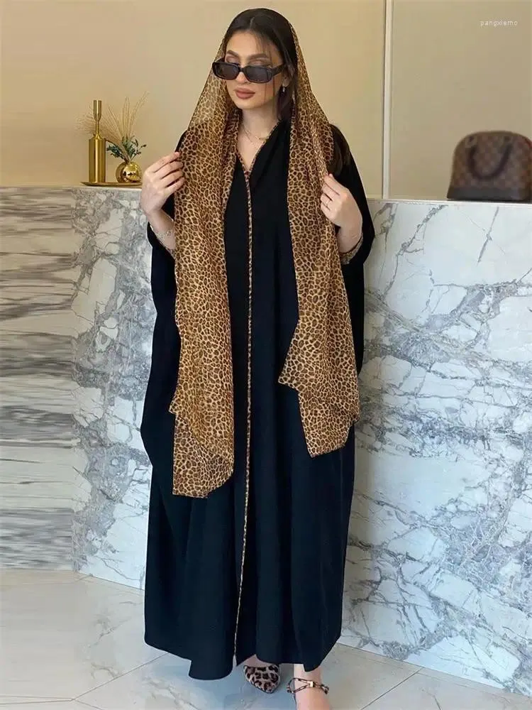 Roupas étnicas Dubai Moda Chiffon Leopardo Contraste Cor Aberta Kimono Abayas com Lenço Djellaba e Jilbab Mulheres Muçulmanas Eid Outfits