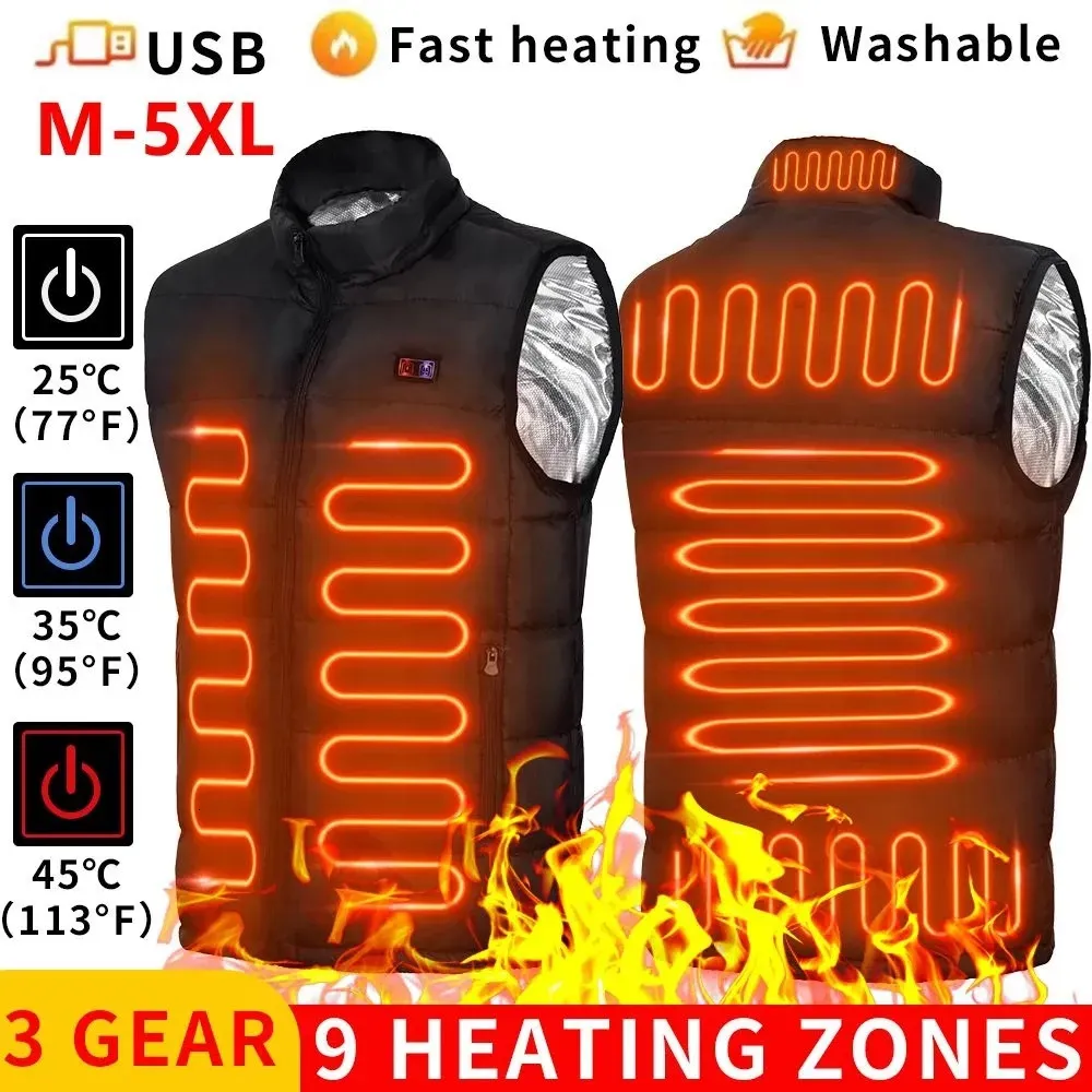 9 Uppvärmda västzoner Elektriska uppvärmda jackor Män Kvinnor Sportkläder Uppvärmd pälsgrafen Värmebeläggning USB Värmejacka för camping 240112