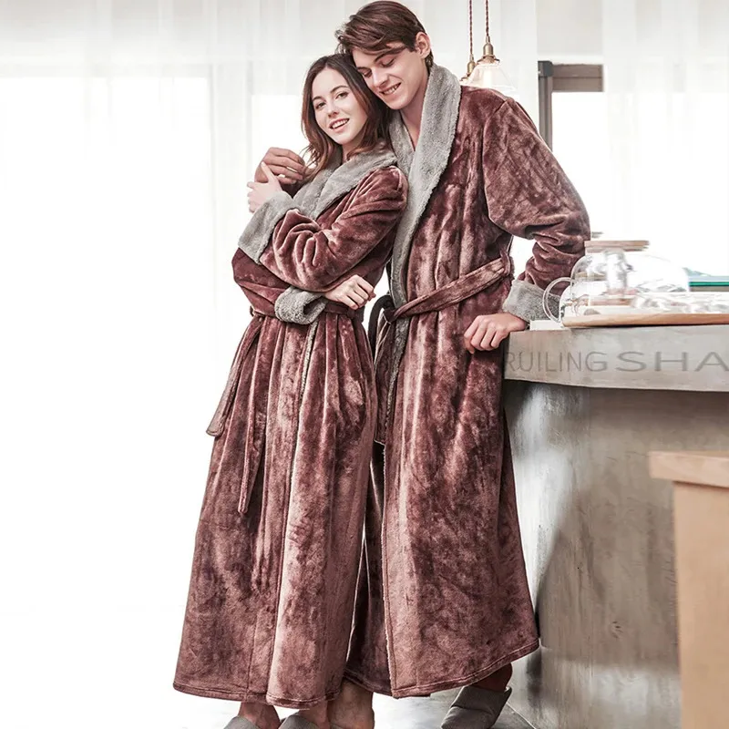 Women Long Warm Flannel Bathrobe Plus Size Coral Fleece Sleepwear Men Thick Cozy Bath Robe Winter Lovers Spa Dressing Gown 240111