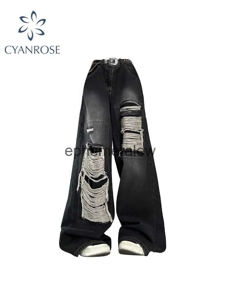 Damen Jeans Hosen Capris Gothic Schwarz Hohe Taille Vintage Koreanische Mode Y2k Streetwear Ripped Harajuku Casual Wide Leg Denim Hosen