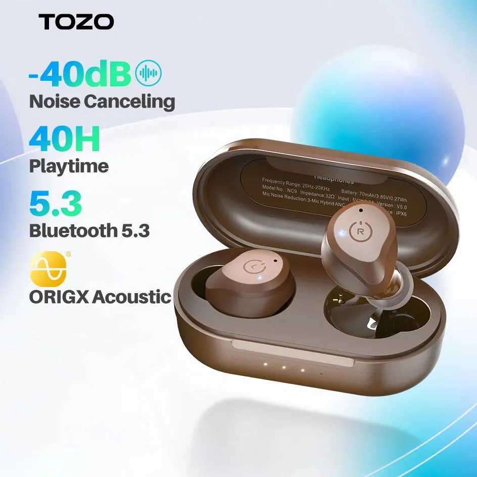 Écouteurs Tozo NC9 Wireless Ecoutphone Hybrid Hybrid Active Noise Amélioration, Bluetooth Earbuds avec un bas de bas de profondeur immersif, jeu 40H