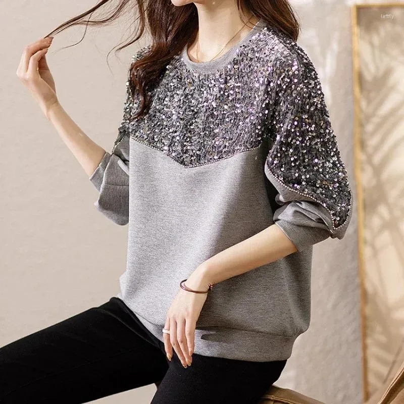 Women's Hoodies Women Sequined Spliced Sweater Shirts Beaded Pullovers O-Neck Patchwork Sweatshirts Fall Winter Jumpers Long-sleeve Tops
