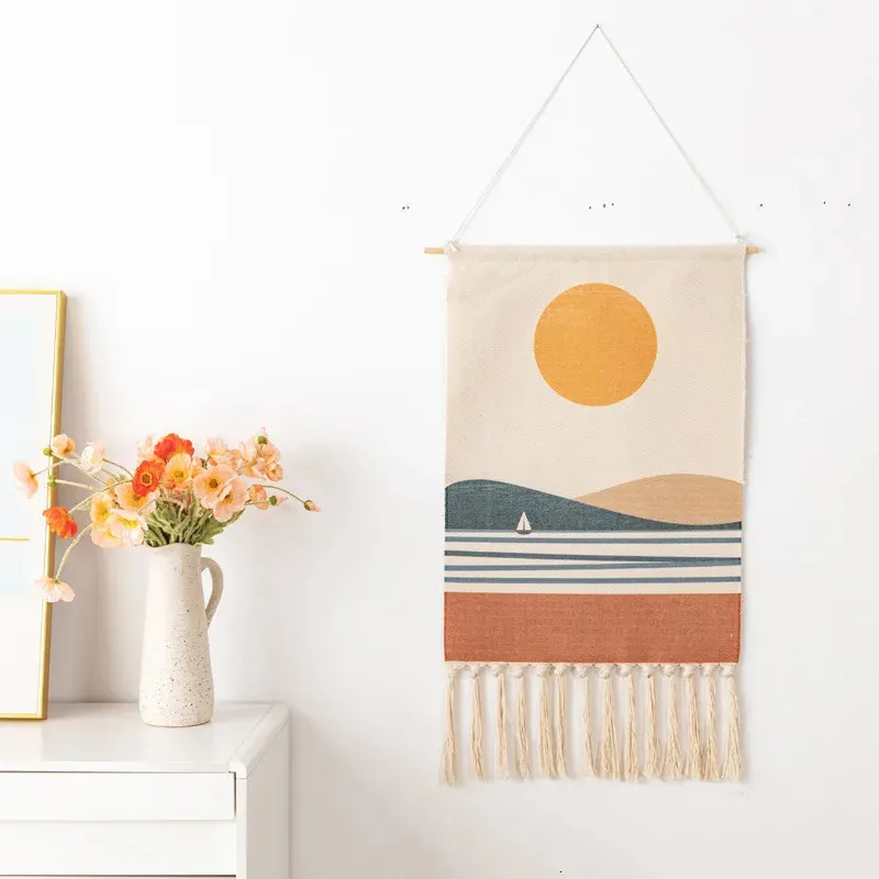 Inicio Boho Decoración Macramé Borla de algodón Tejido hecho a mano Tapiz colgante de pared Ramadán Paisaje Arte de la pared Fondo Tapiz de tela 240111