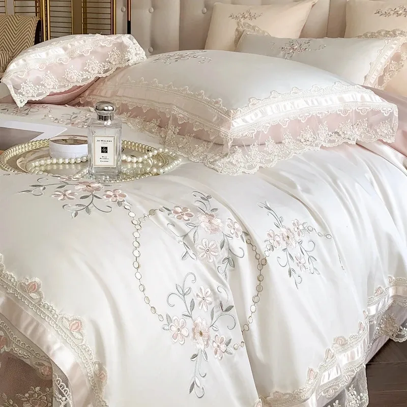 Romantic French Lace Flowers Embroidery Wedding Bedding Set 1200TC Egyptian Cotton Soft Duvet Cover Bed Sheet Pillowcases 240112