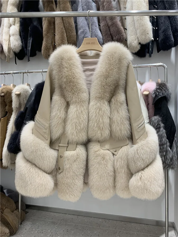 Maylofuer Women Real Fox Fur Coat Genuine Sheepskin Leather Leave Manga Longa 100% Natural Fox Fur Casacos com colarinho destacável 201212