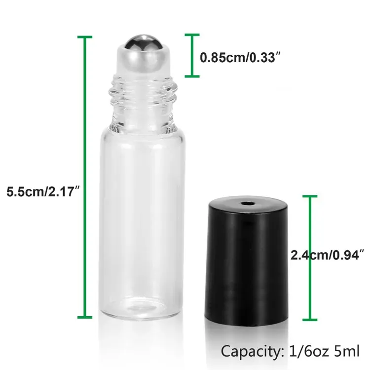 Portable 5ml1/6 oz MINI ROLL ON bottle fragrance PERFUME GLASS BOTTLES  OIL Steel Metal Roller ballClear