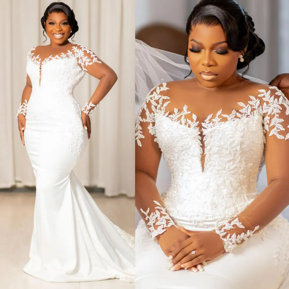 Luxury Mermaid Wedding Dress for Bride Plus Size Sheer Neck Long ärmar Lace Illusion Brudklänningar för afrikanska äktenskap Black Women Nigeria Girl CDW195